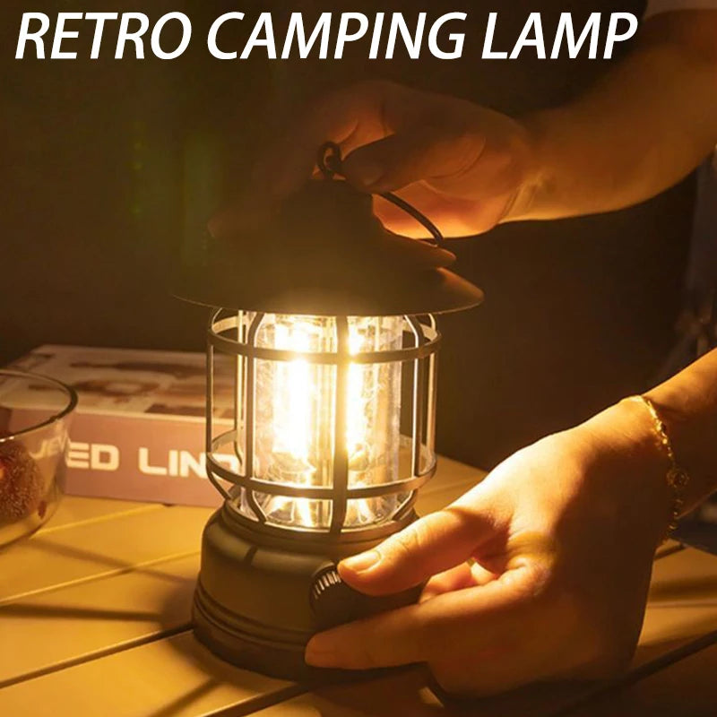 2Pack Camping Lantern USB Rechargeable Battery Powered Retro Camping Light Waterproof Hanging LED Tent Lamp for Hiking Fishing