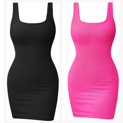 Women Ribbed Sexy Mini Dress Square Neck Sleeveless Bodycon Dresses Womens Mini Tank Dresses Ribbed Sleeveless Square Neck Bodycon Sundress Summer Casual Club Dress