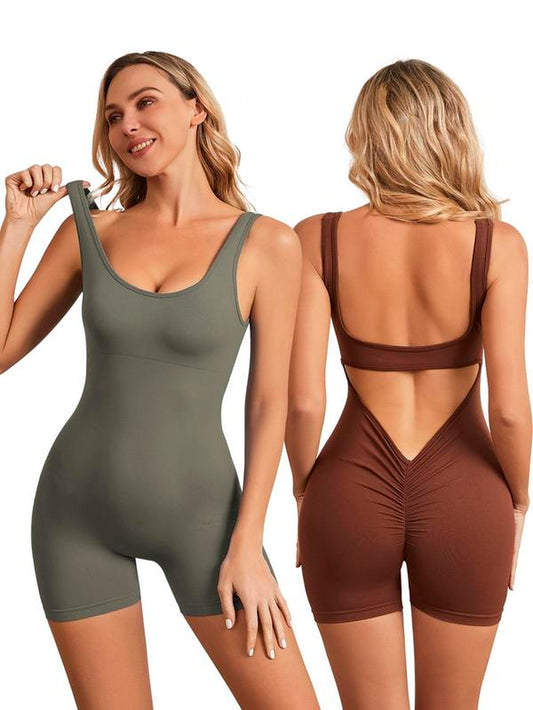 Women'S Solid Backless Ruched Cut Out Sports Romper, One-Piece Scoop Neck Sleeveless Seamless Bodycon Bodysuit, Ladies Sportswear for Gym Yoga Workout