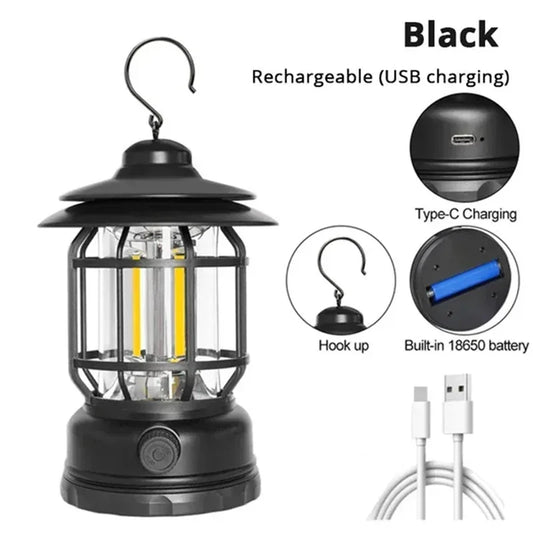 2Pack Camping Lantern USB Rechargeable Battery Powered Retro Camping Light Waterproof Hanging LED Tent Lamp for Hiking Fishing