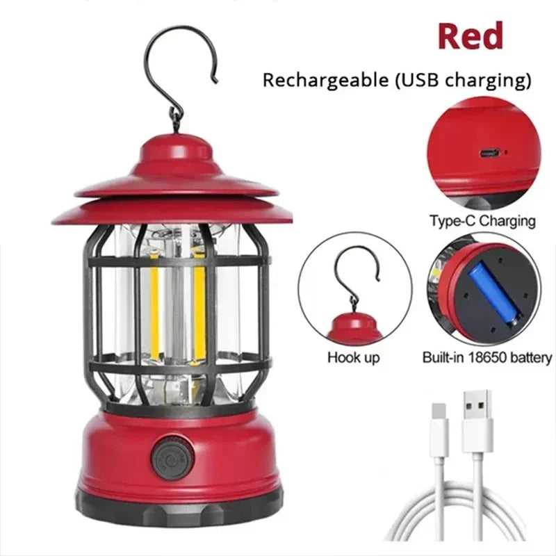 2Pack Camping Lantern USB Rechargeable Battery Powered Retro Camping Light Waterproof Hanging LED Tent Lamp for Hiking Fishing